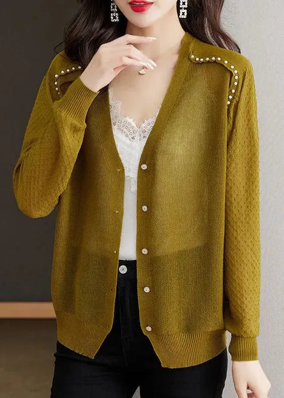 Casual Matcha Colour V Neck Nail Bead Button Ice Size Knit Cardigan Summer LY8107