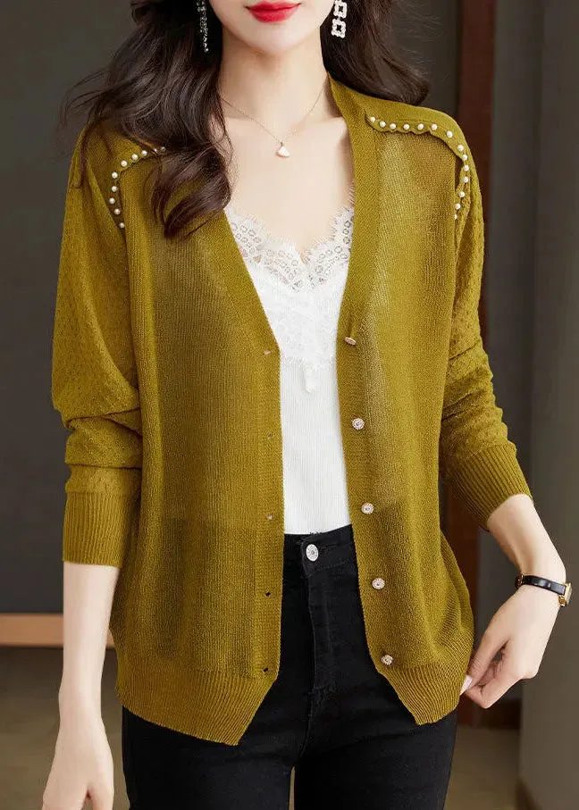 Casual Matcha Colour V Neck Nail Bead Button Ice Size Knit Cardigan Summer LY8107