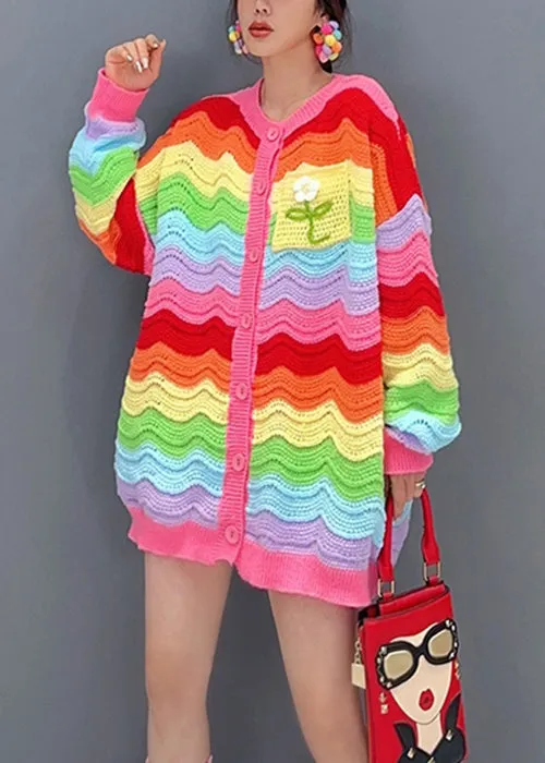 Chic Rainbow Button Hollow Out Patchwork Knit Top Fall ML1498