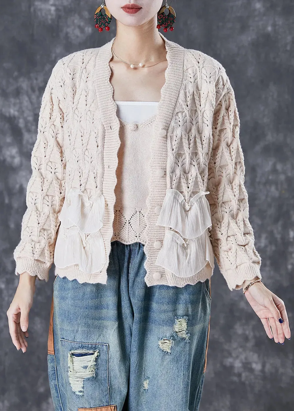 Classy Apricot Ruffles Patchwork Knit Cardigan Two Piece Set Fall ML2994