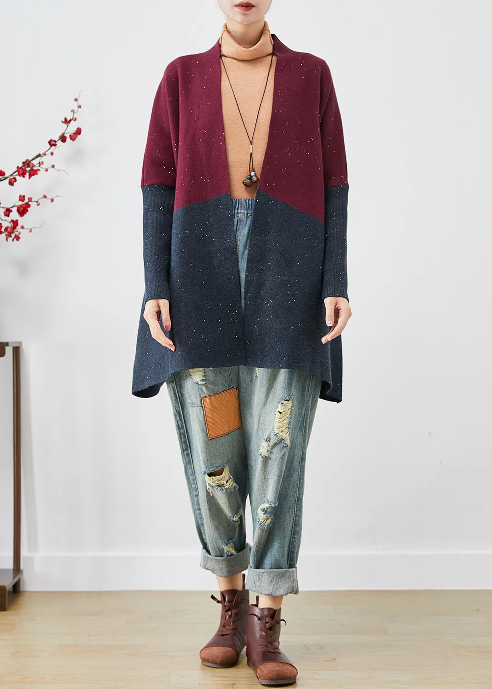 Classy Mulberry Oversized Patchwork Knit Cardigans Batwing Sleeve LY9220