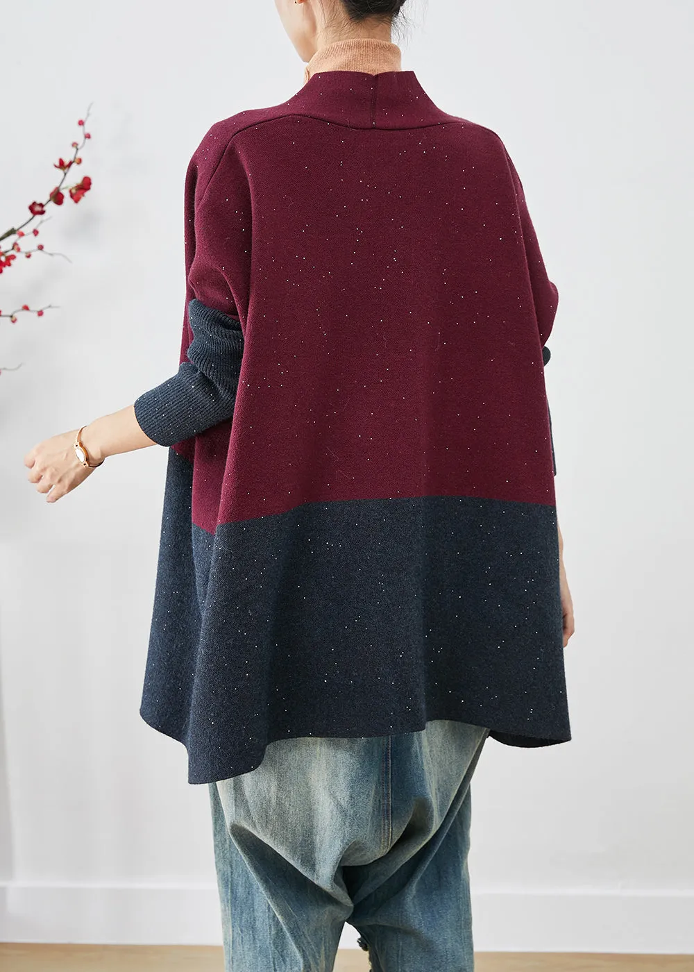 Classy Mulberry Oversized Patchwork Knit Cardigans Batwing Sleeve LY9220