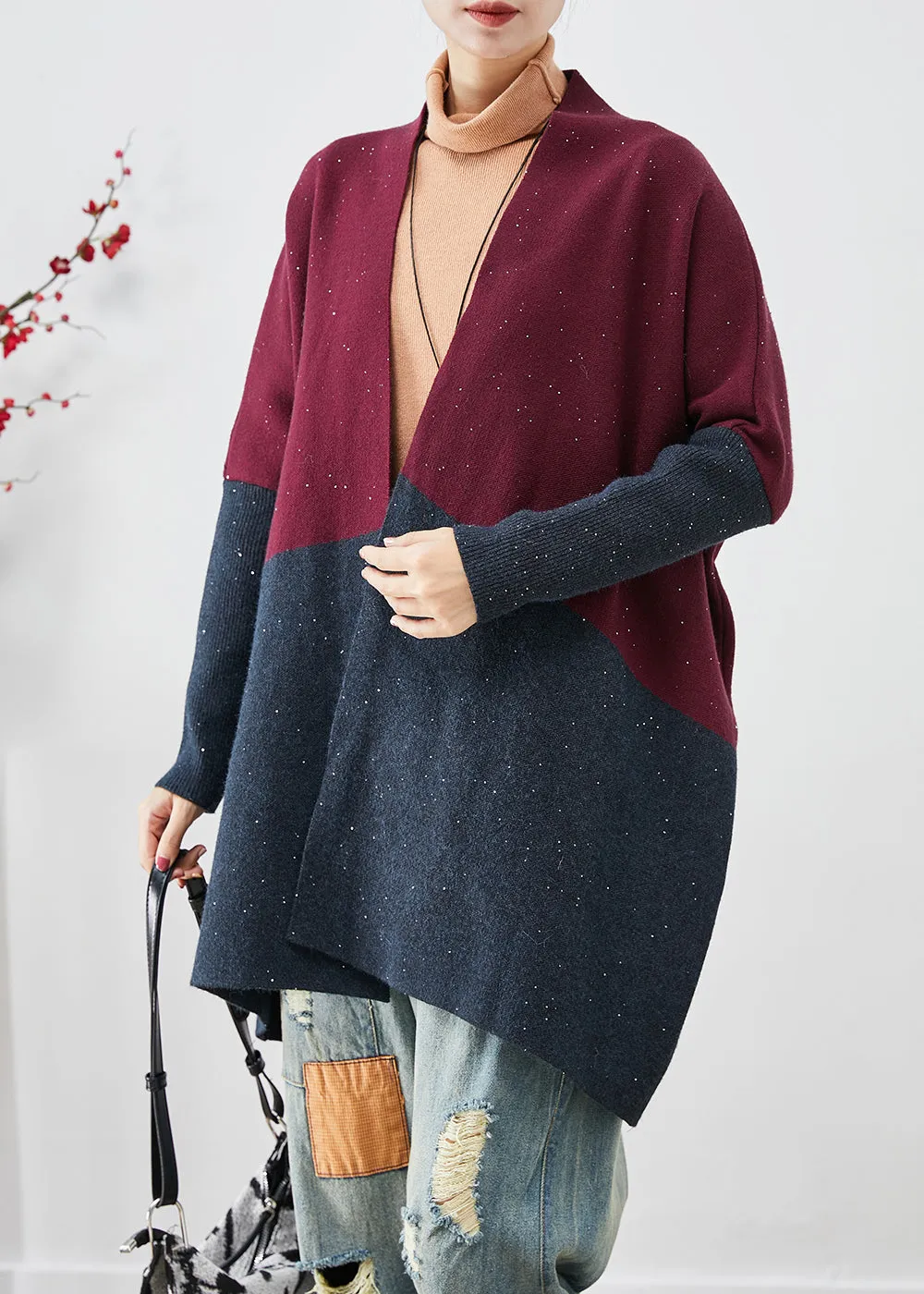 Classy Mulberry Oversized Patchwork Knit Cardigans Batwing Sleeve LY9220