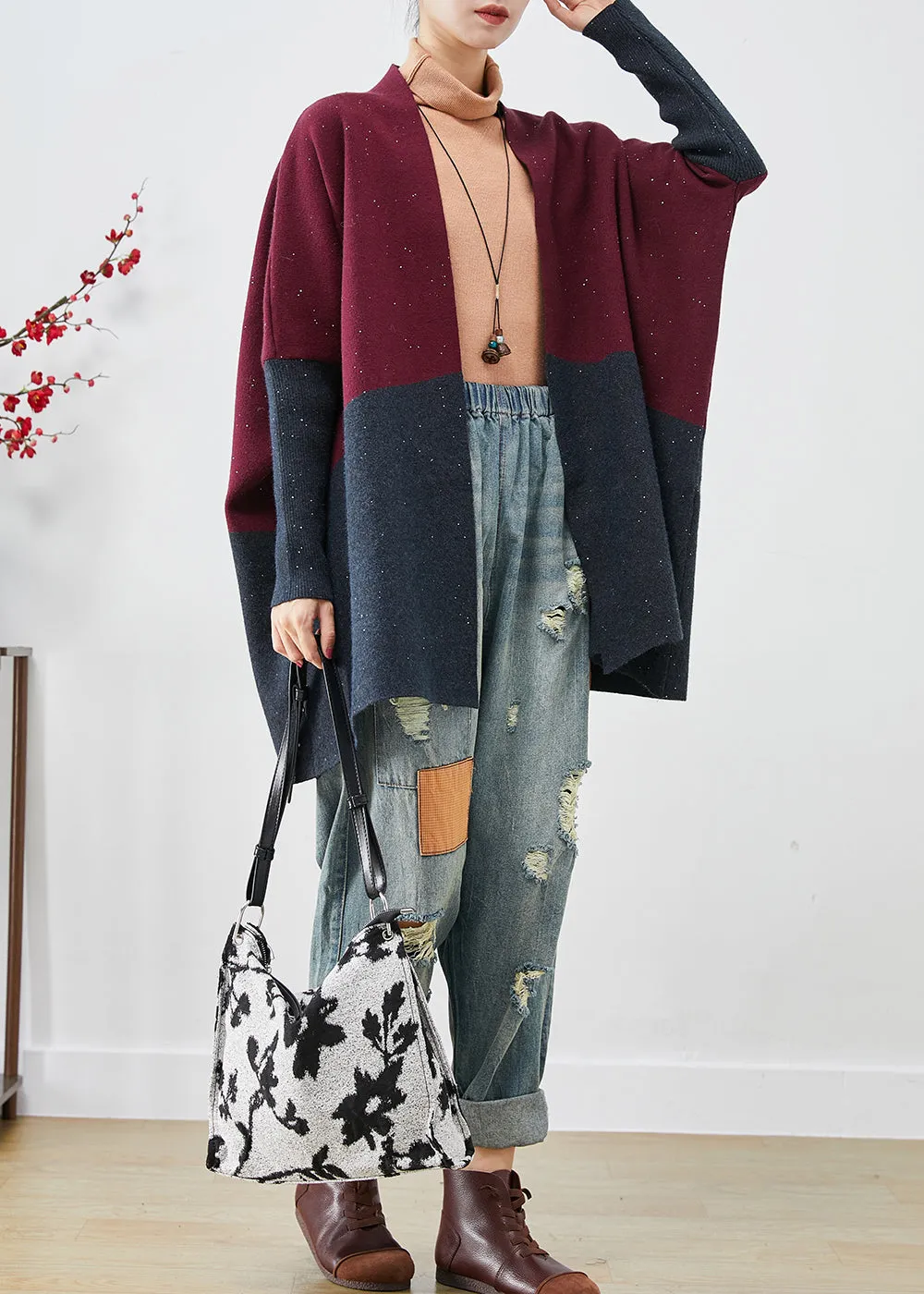 Classy Mulberry Oversized Patchwork Knit Cardigans Batwing Sleeve LY9220