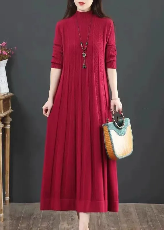 Classy Orange Hign Neck Wrinkled Patchwork Knit Long Dress Winter ML1863