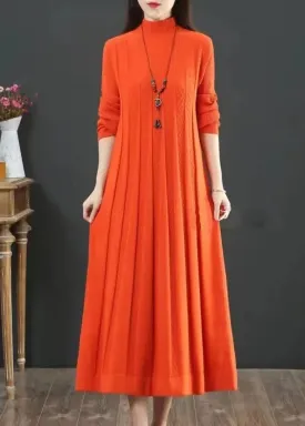 Classy Orange Hign Neck Wrinkled Patchwork Knit Long Dress Winter ML1863