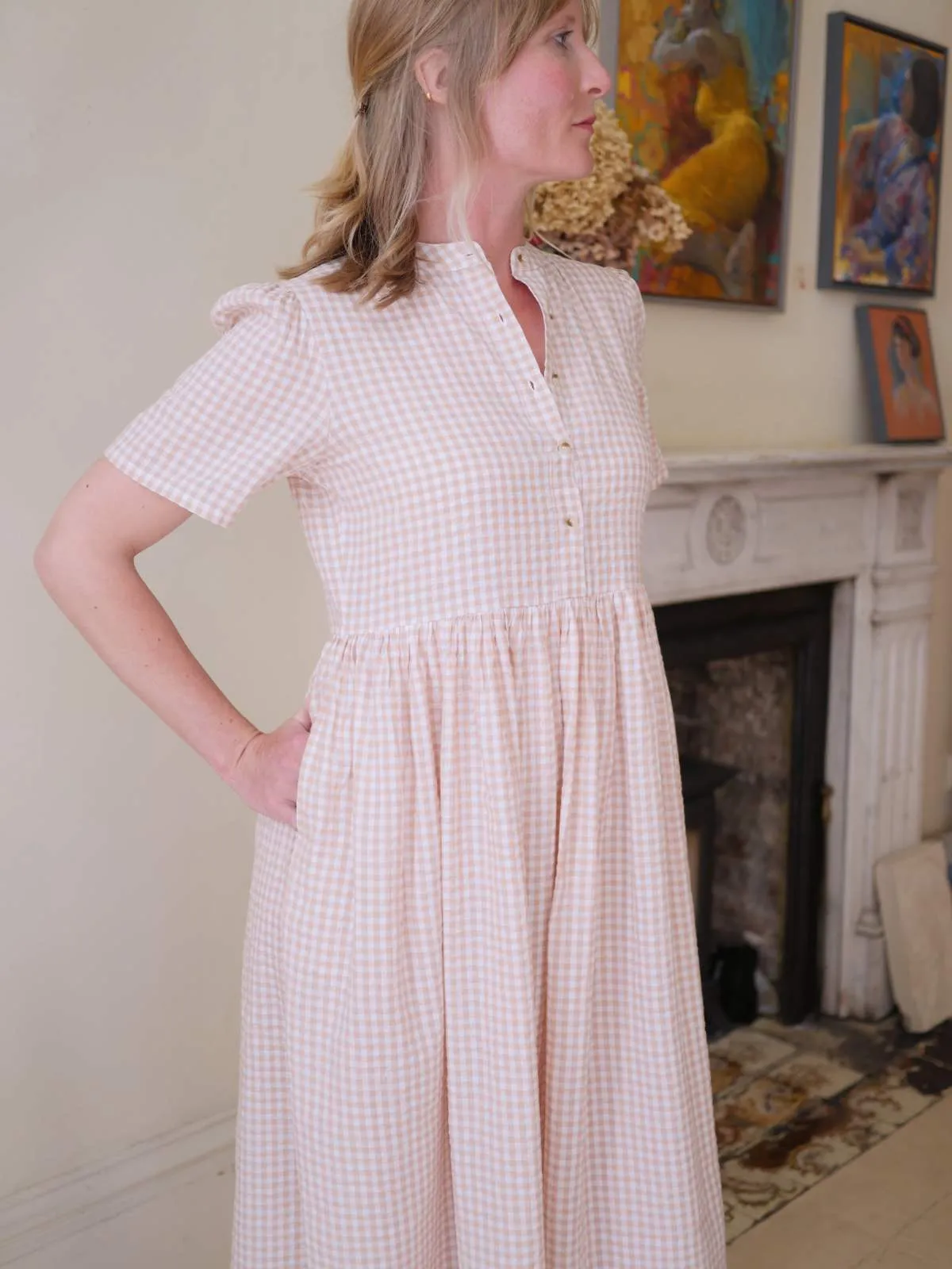 Collarless Dress - Blush Gingham