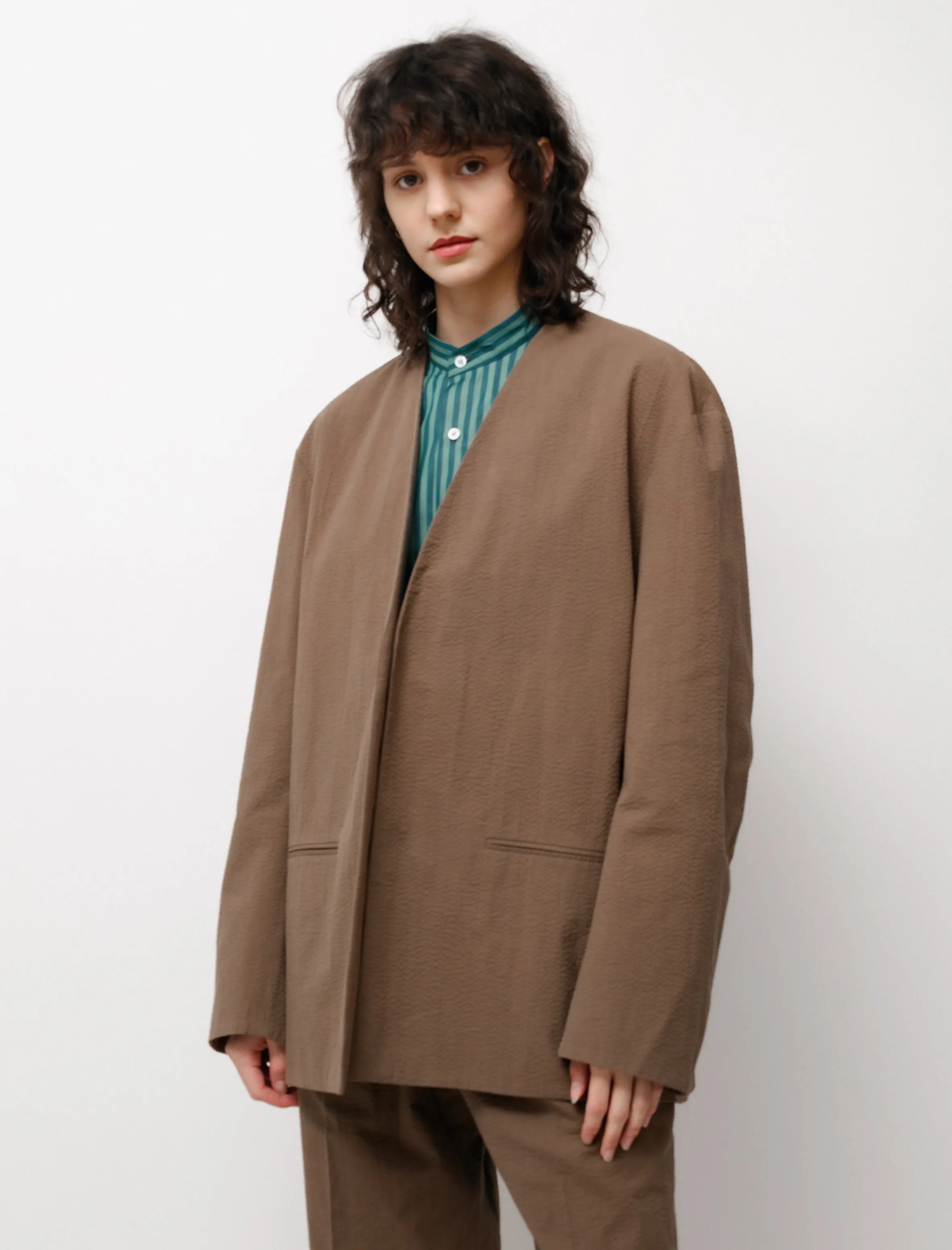 Collarless Jacket Brown