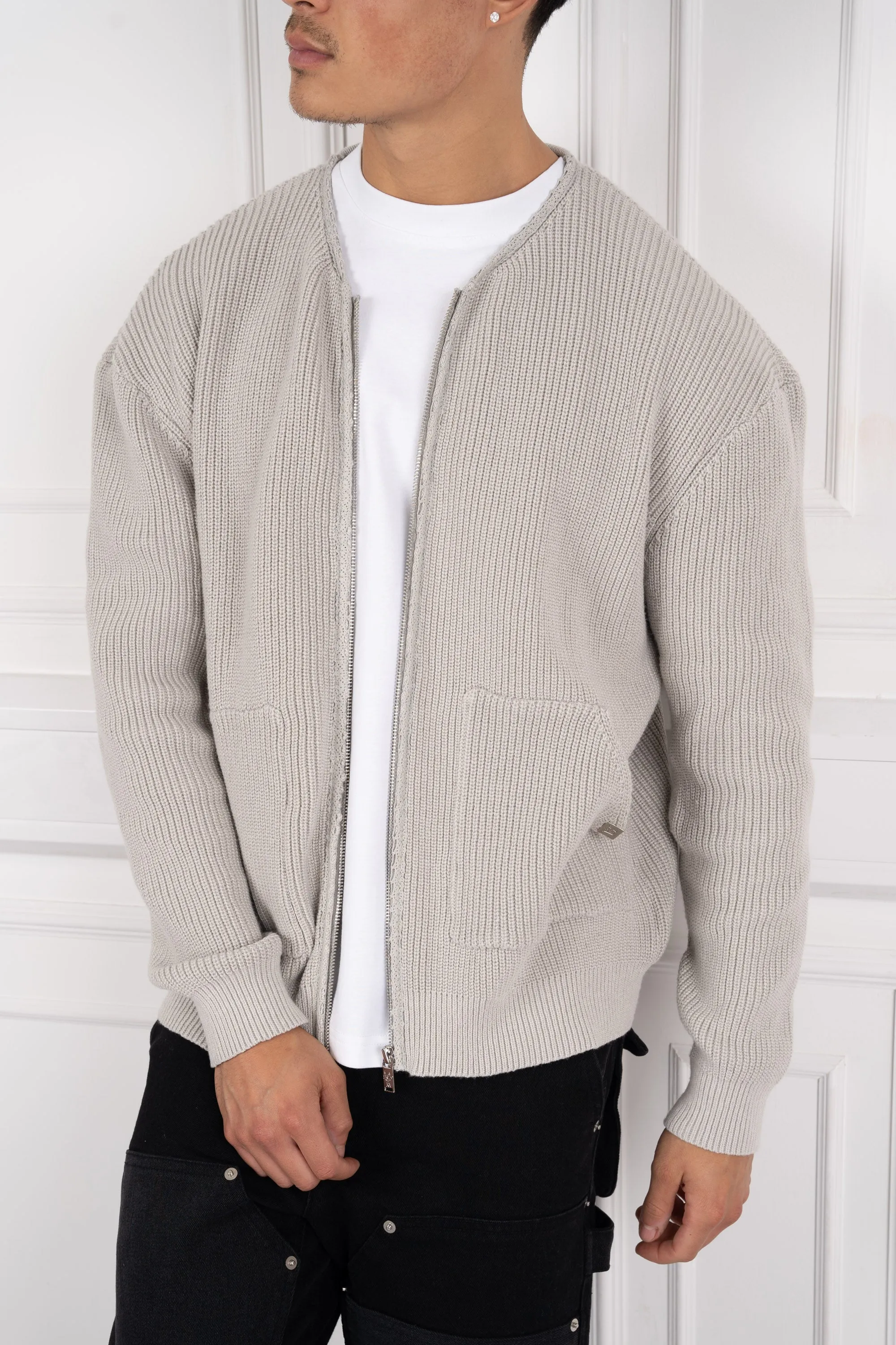 Collarless Ribbed Bomber Jacket - Grey