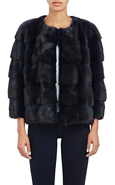 Colour-Blocked Mink Fur Bomber Jacket Blu