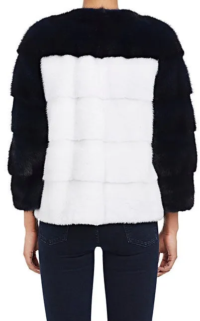 Colour-Blocked Mink Fur Bomber Jacket Blu