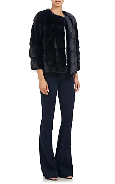 Colour-Blocked Mink Fur Bomber Jacket Blu