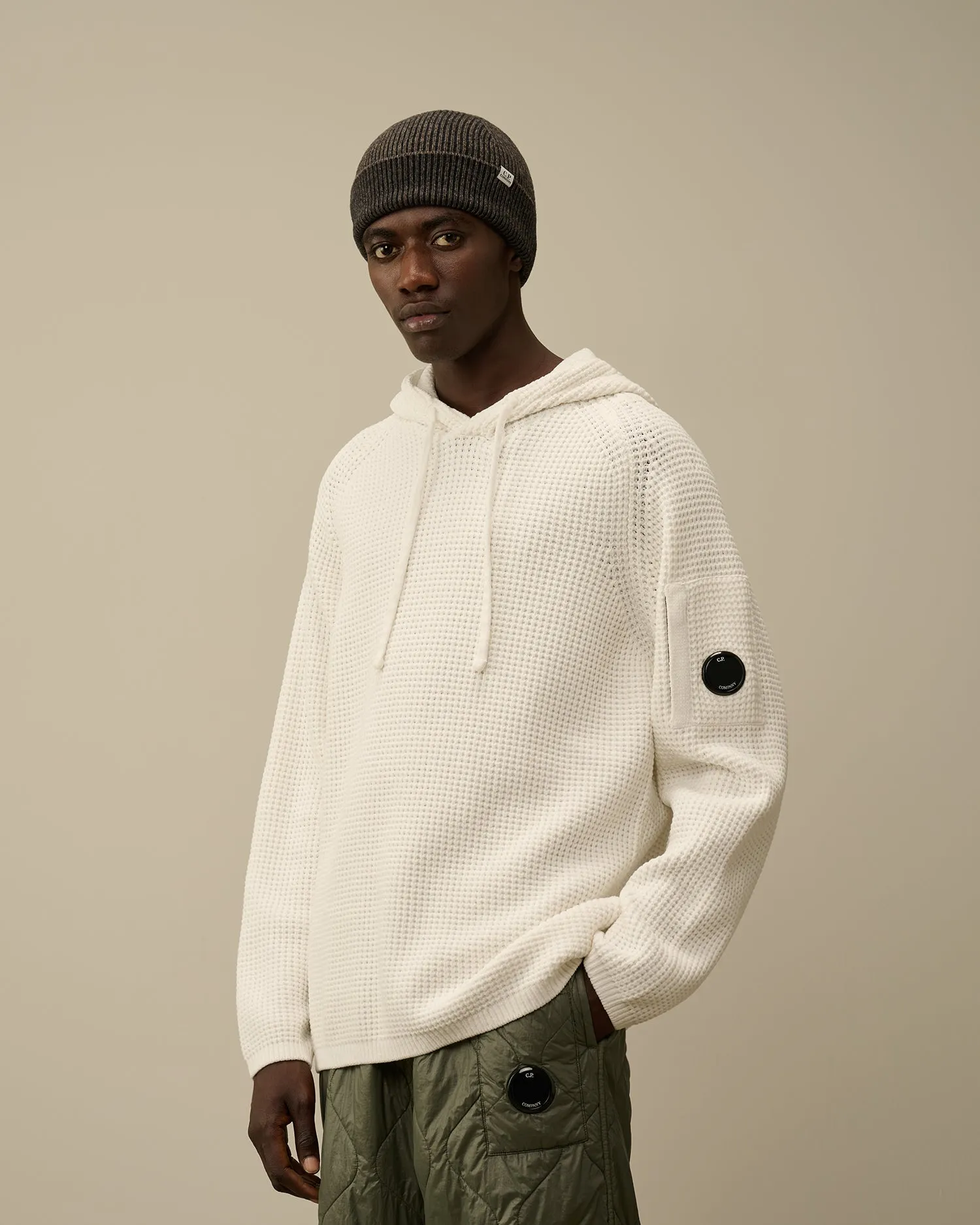 Cotton Chenille Hooded Waffle Knit - Gauze White