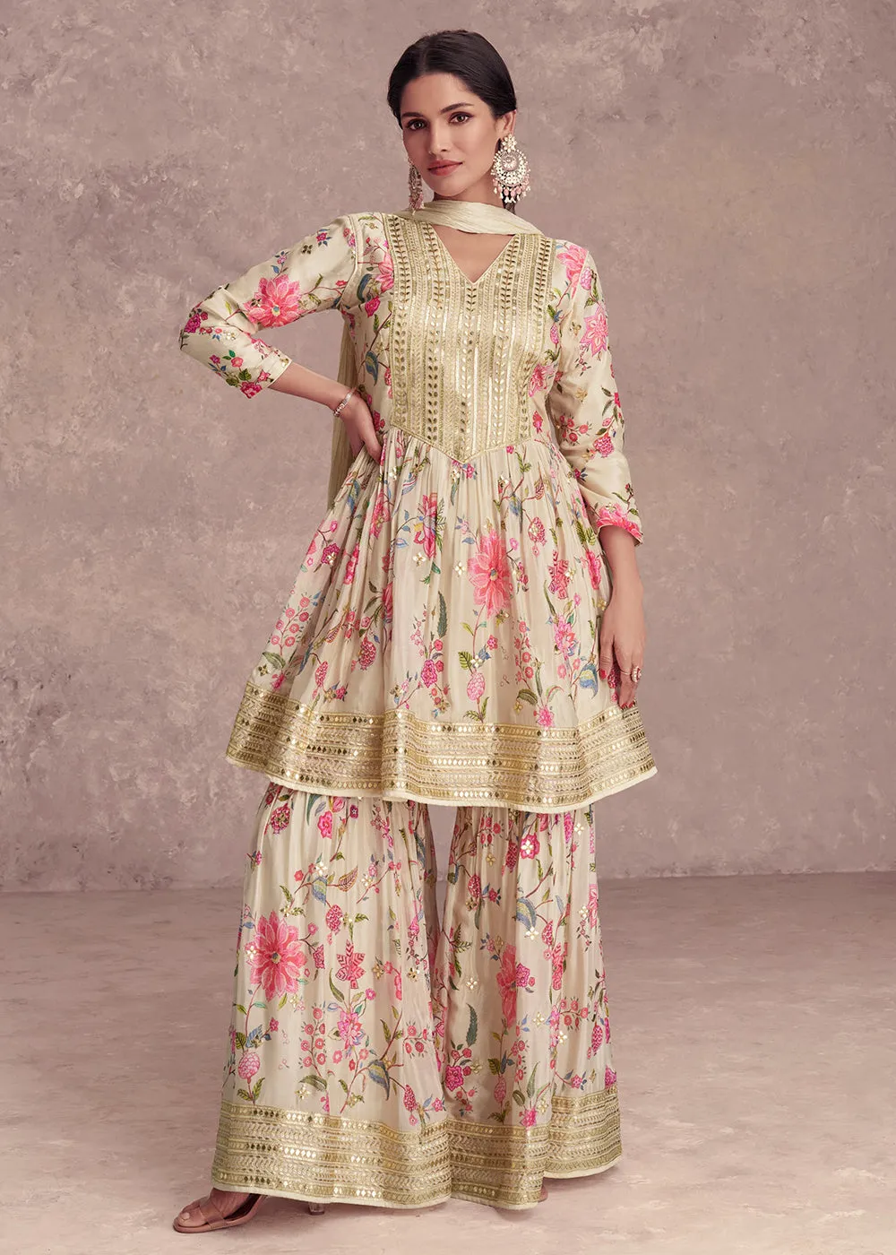 Cream Embroidered & Digital Printed Festive Gharara Suit