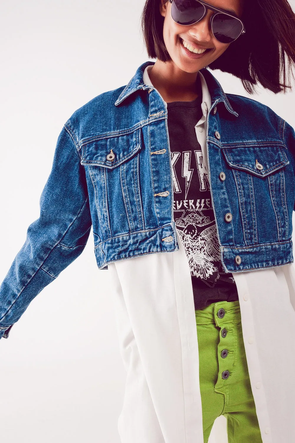 Cropped Denim Jacket in Mid Blue