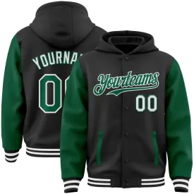 Custom Black Kelly Green-White Bomber Full-Snap Varsity Letterman Two Tone Hoodie Jacket