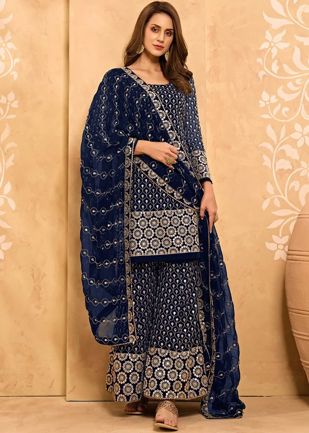 Dark Blue Party Style Designer Sharara Suit