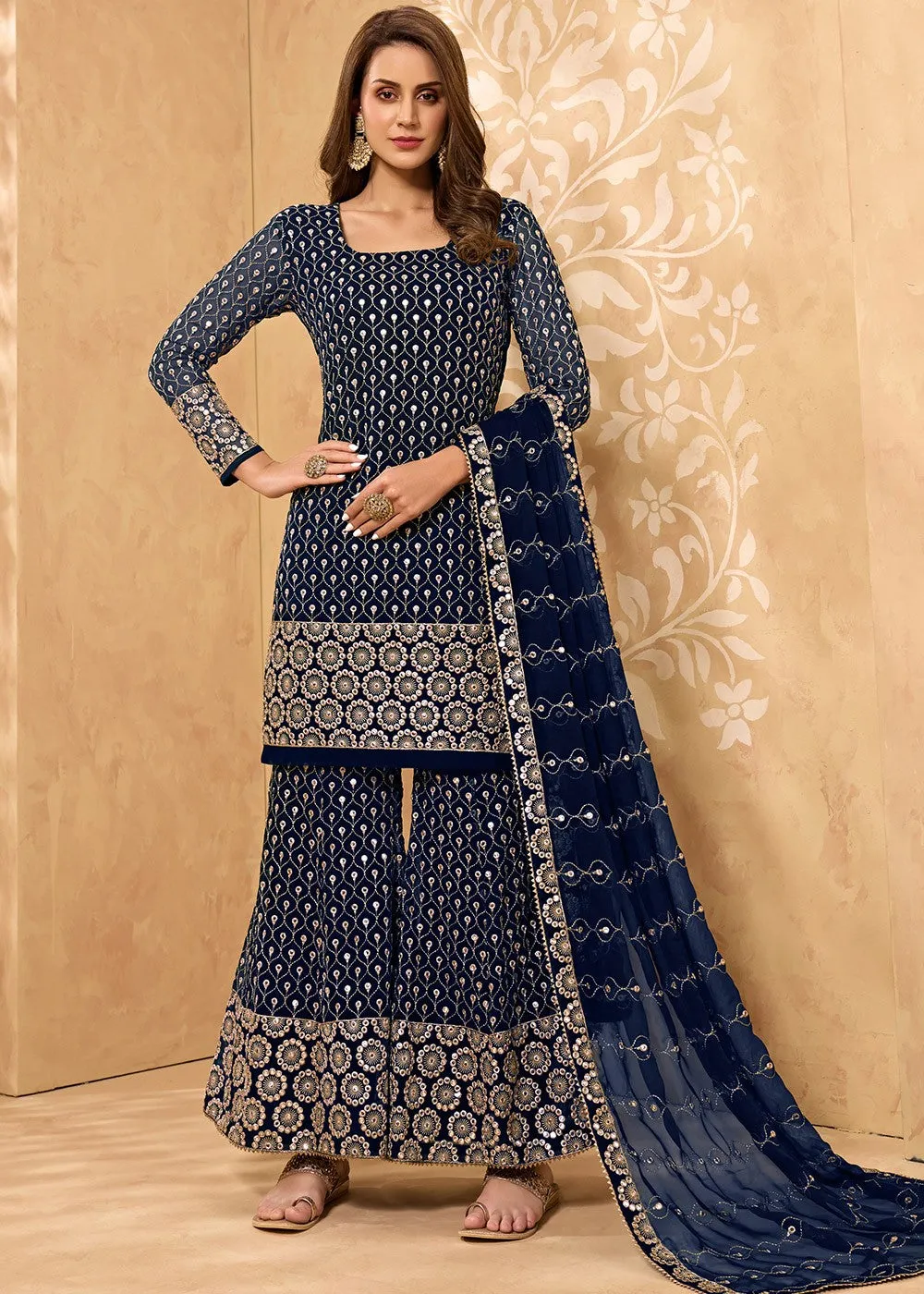 Dark Blue Party Style Designer Sharara Suit