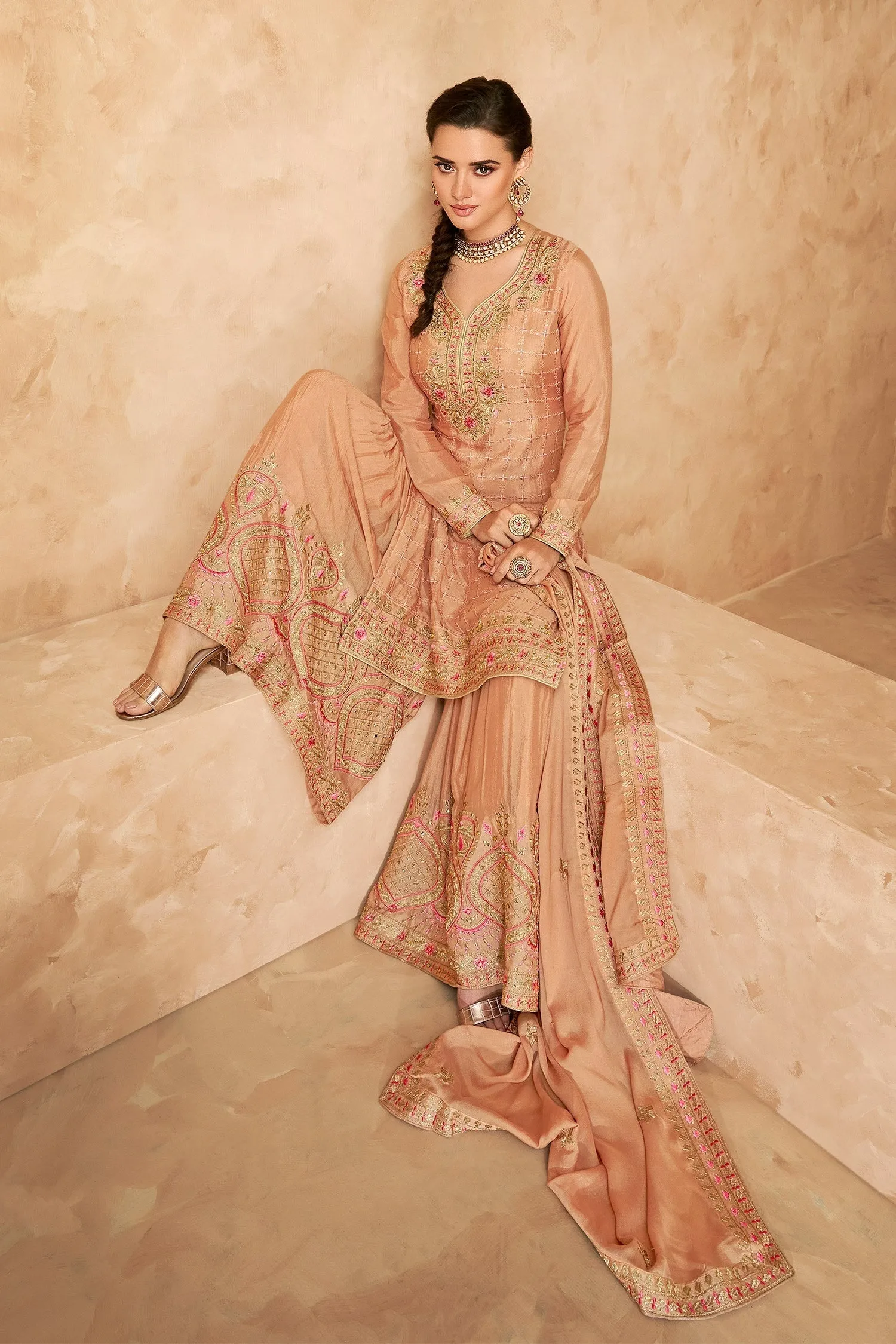 Designer Light Peach Georgette Embroidered Sharara Outfit