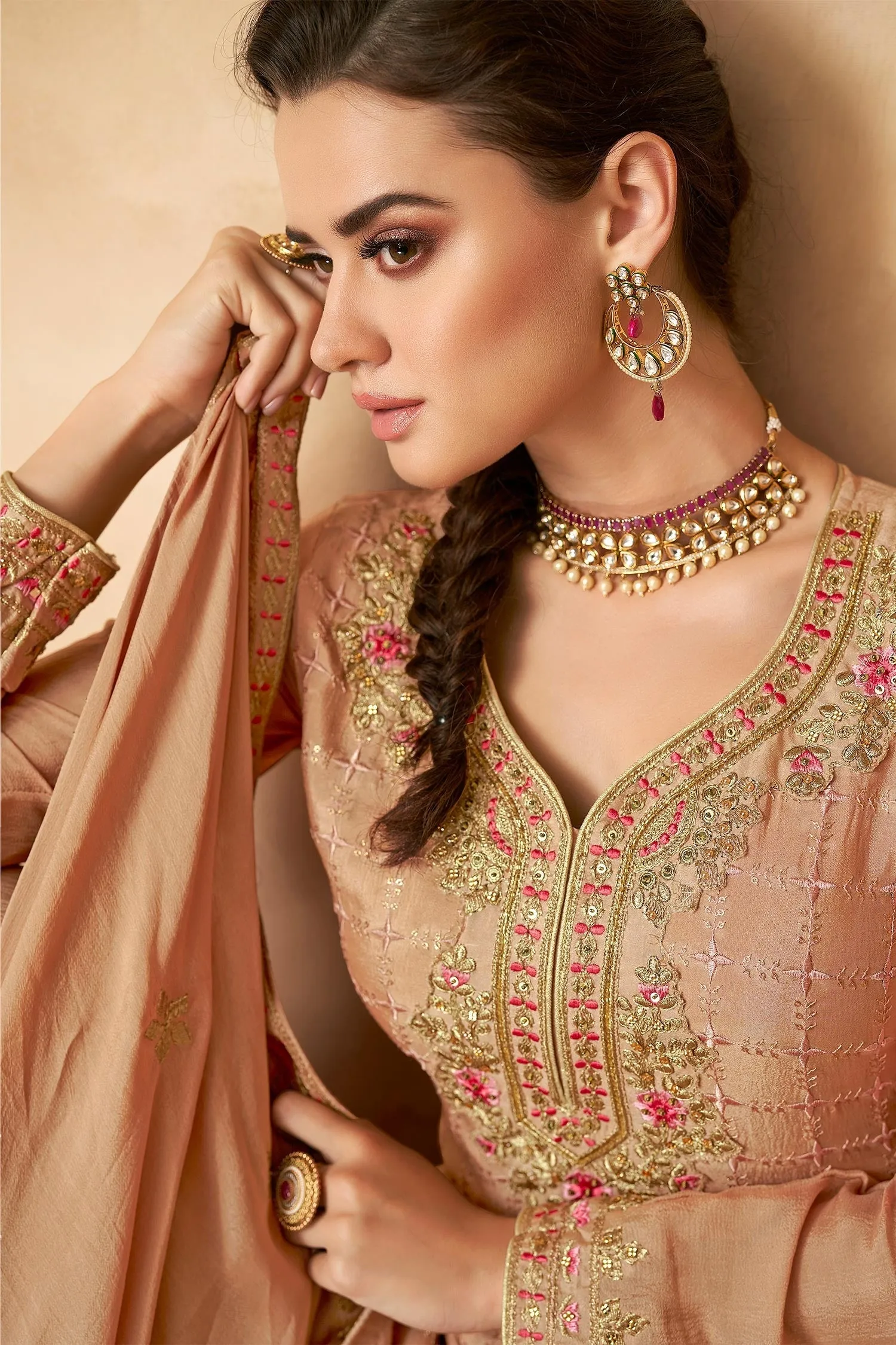 Designer Light Peach Georgette Embroidered Sharara Outfit