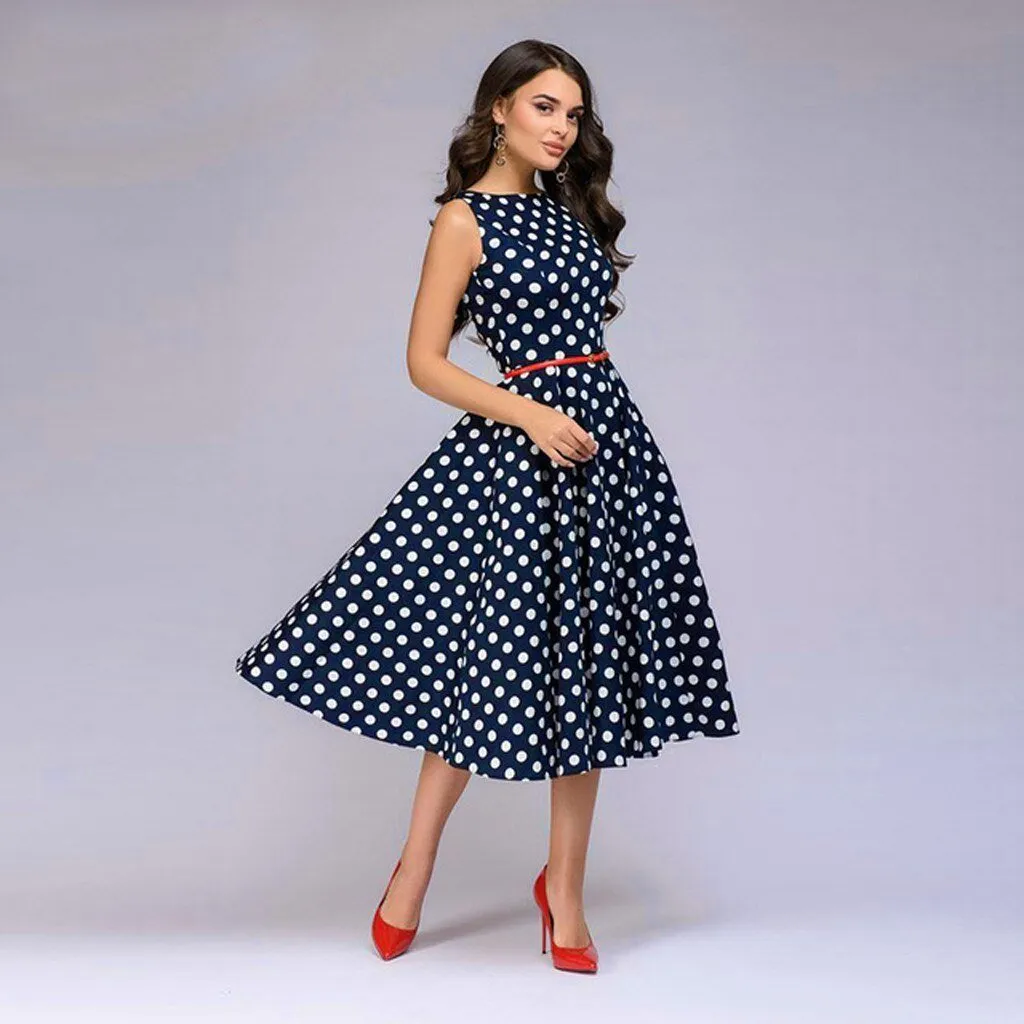 Elegant Polka Dot Print Sleeveless Flared Dress