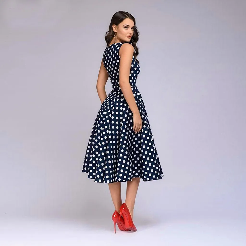 Elegant Polka Dot Print Sleeveless Flared Dress