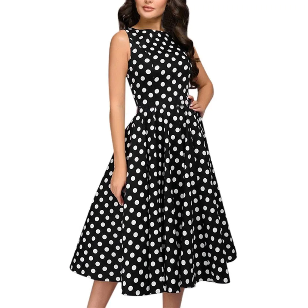 Elegant Polka Dot Print Sleeveless Flared Dress