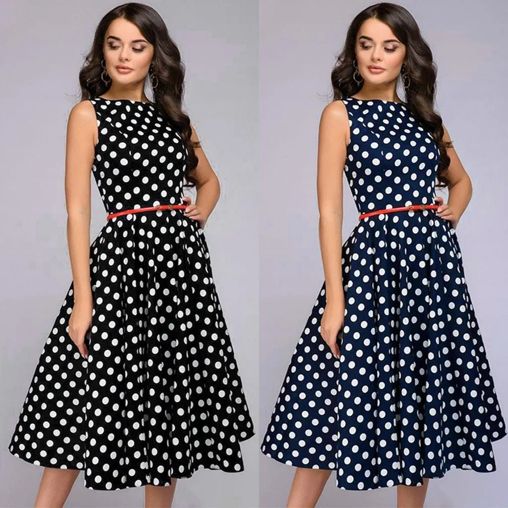 Elegant Polka Dot Print Sleeveless Flared Dress