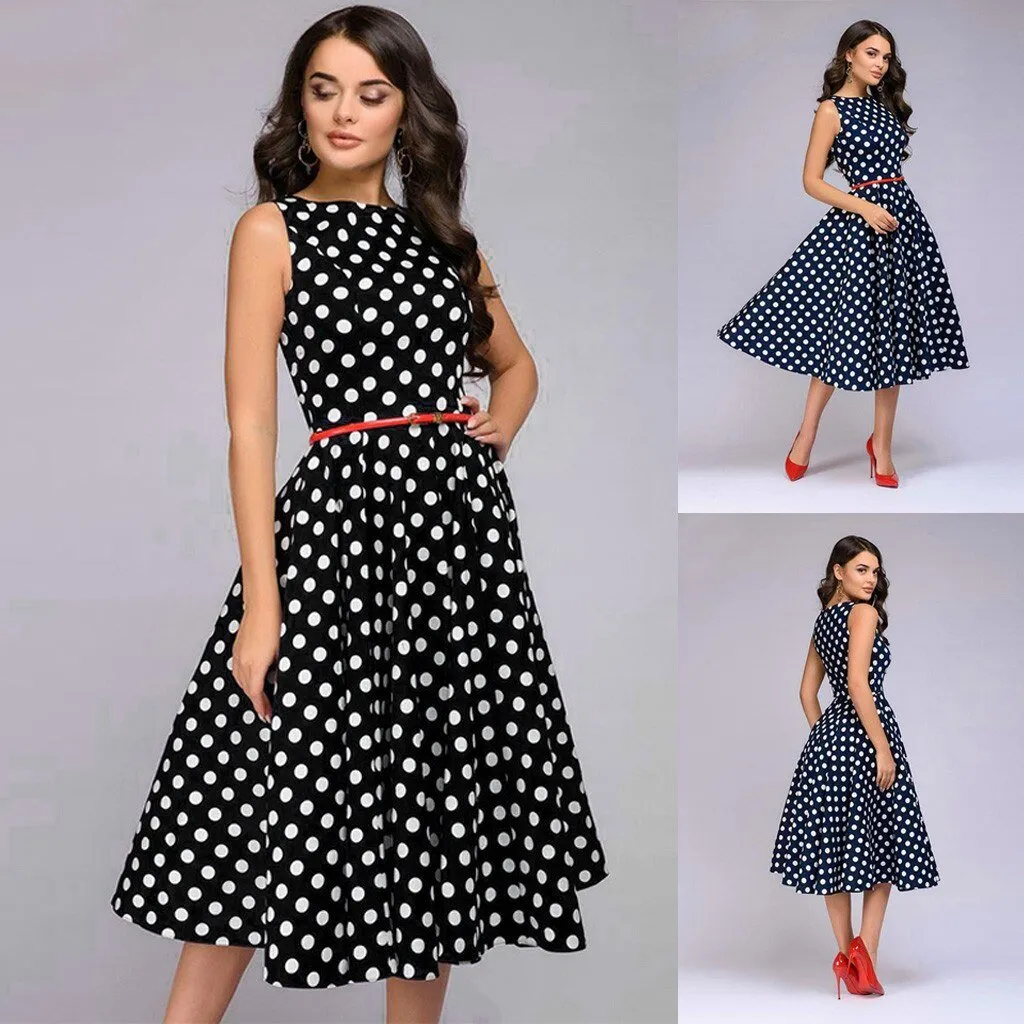 Elegant Polka Dot Print Sleeveless Flared Dress