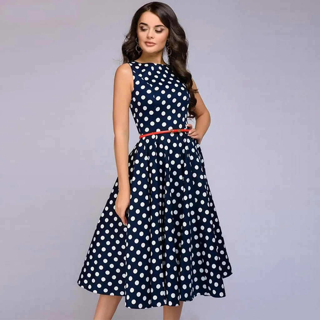 Elegant Polka Dot Print Sleeveless Flared Dress