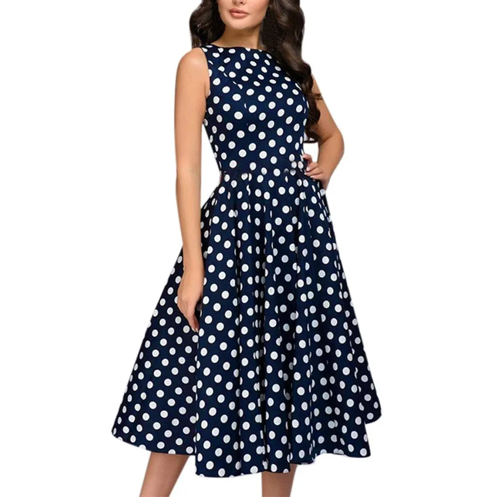 Elegant Polka Dot Print Sleeveless Flared Dress