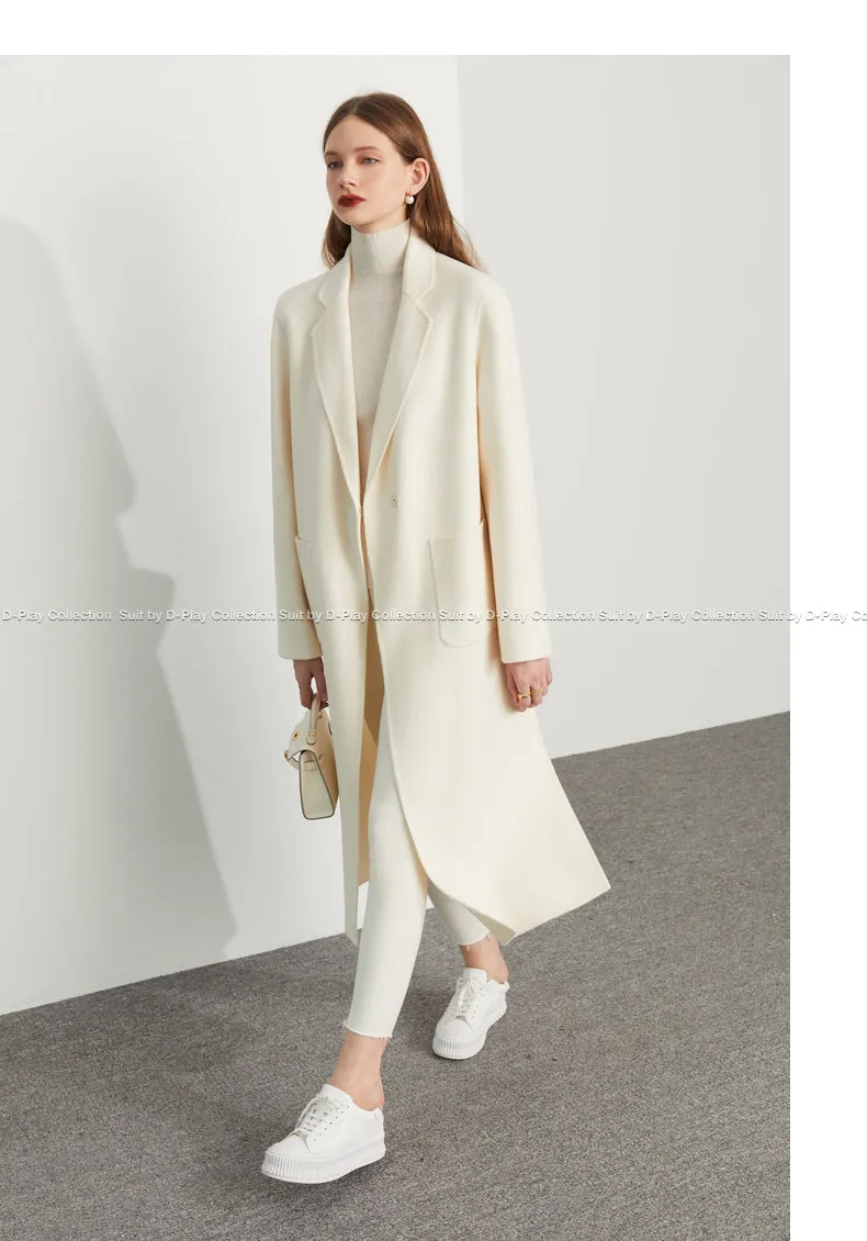 Fall Autumn Cream White Lapel Slit Wide Belt Double Wool Coat - Tianna