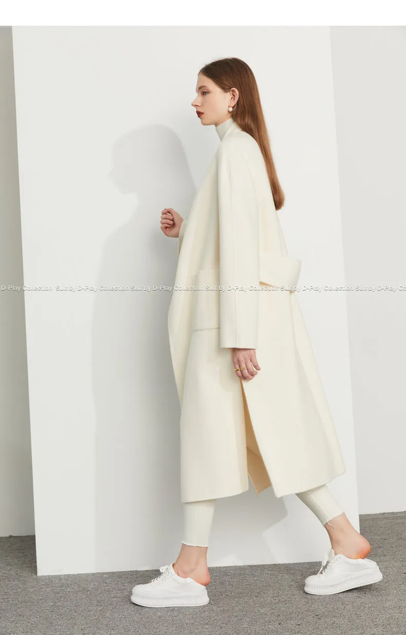 Fall Autumn Cream White Lapel Slit Wide Belt Double Wool Coat - Tianna