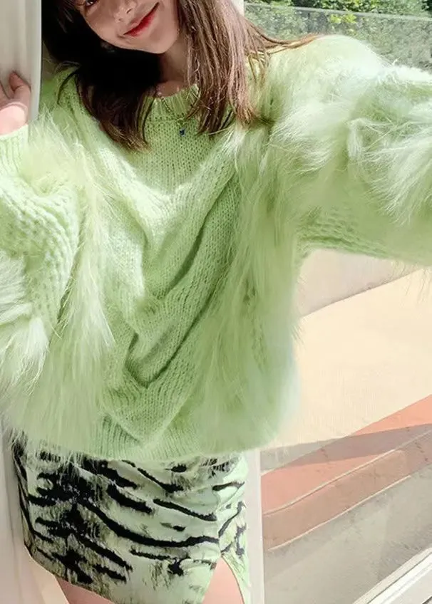 Fashion Green O Neck Raccoon Fur Patchwork Knit Pullover Lantern Sleeve ML1156