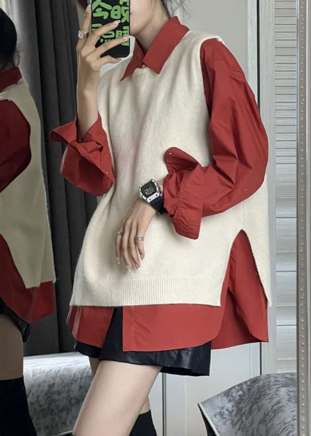 Fashion Side Open Apricot Knit Waistcoat And Red Shirts Two Pieces Set Fall ML2155