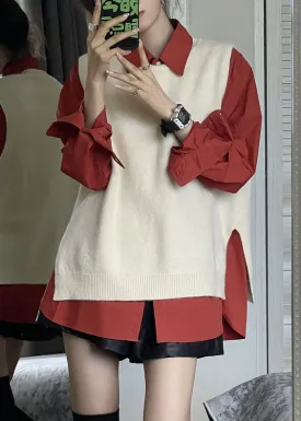 Fashion Side Open Apricot Knit Waistcoat And Red Shirts Two Pieces Set Fall ML2155