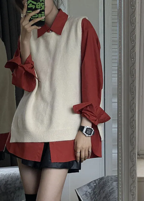 Fashion Side Open Apricot Knit Waistcoat And Red Shirts Two Pieces Set Fall ML2155