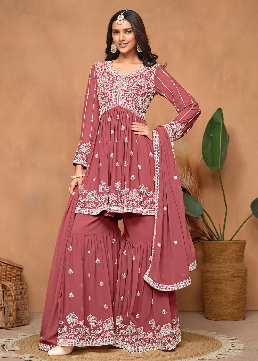 Festive Style Salmon Pink Embroidered Gharara Suit