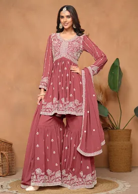 Festive Style Salmon Pink Embroidered Gharara Suit