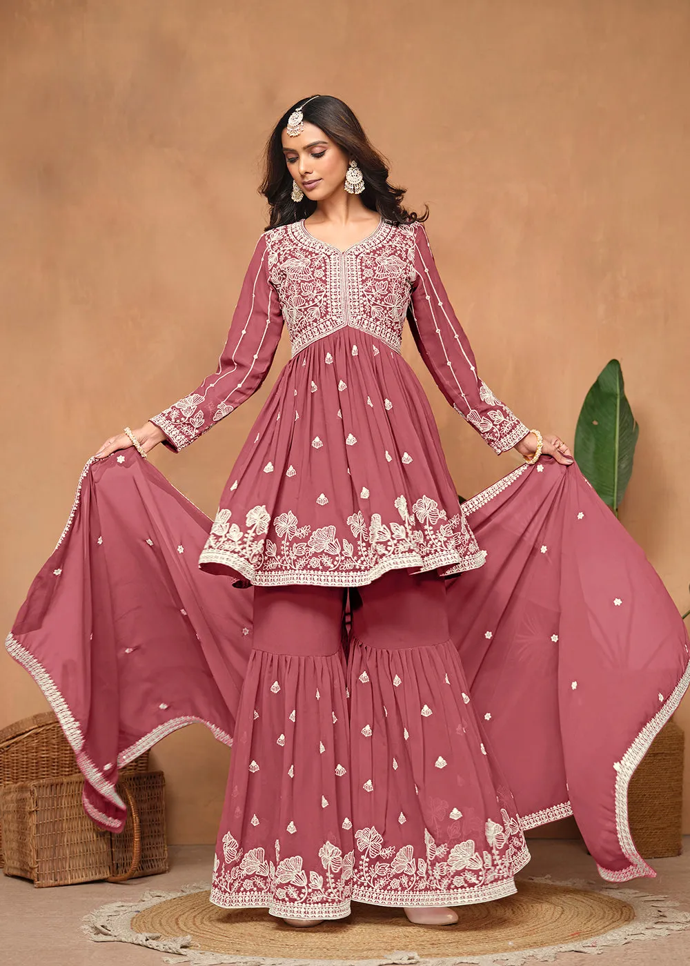 Festive Style Salmon Pink Embroidered Gharara Suit