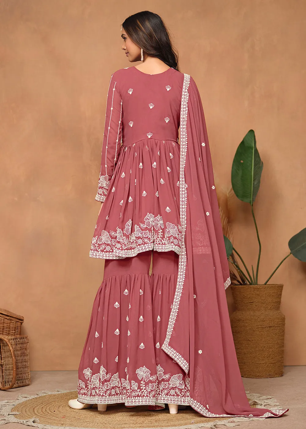 Festive Style Salmon Pink Embroidered Gharara Suit