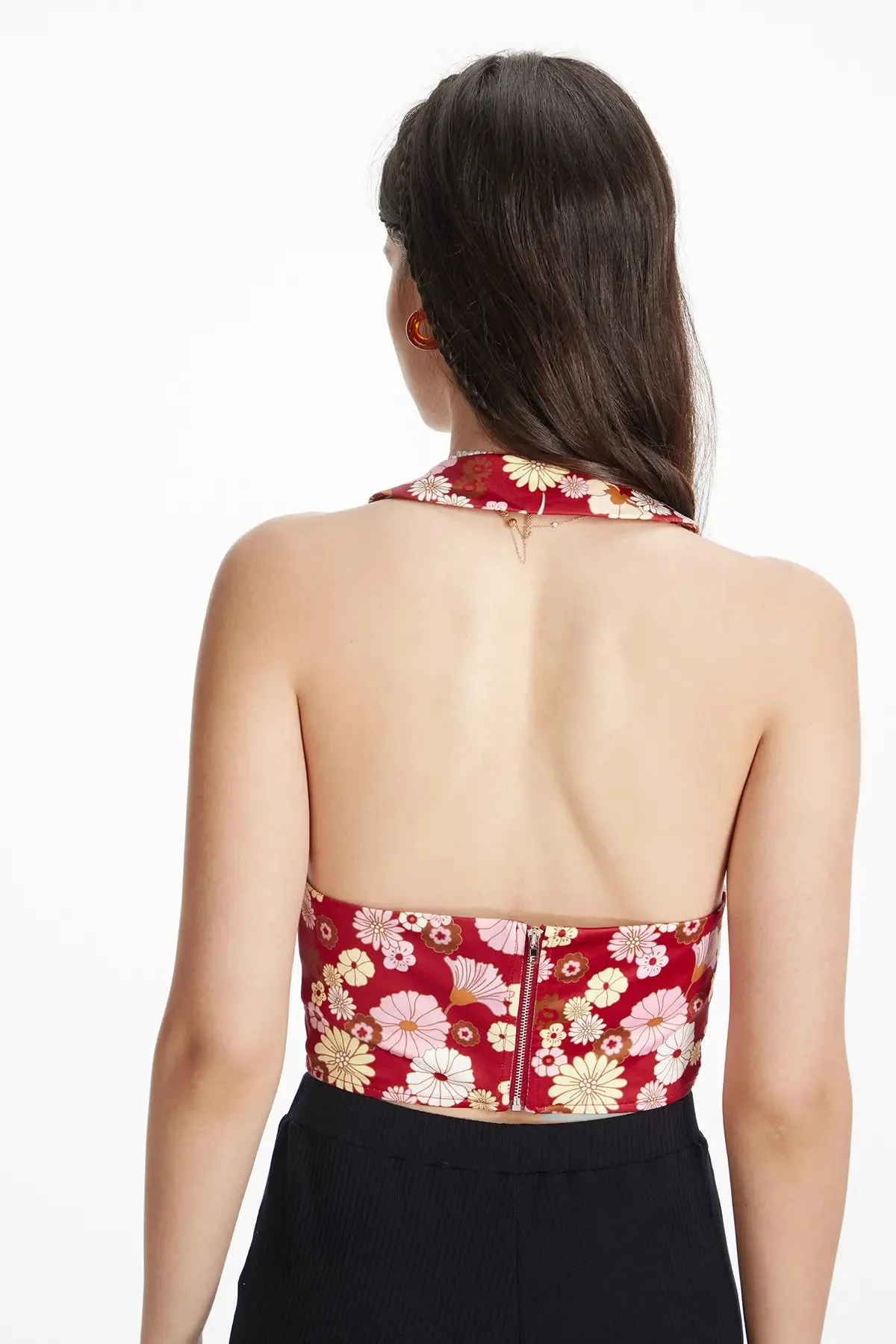 Floral Backless Zipper Back Halter Top