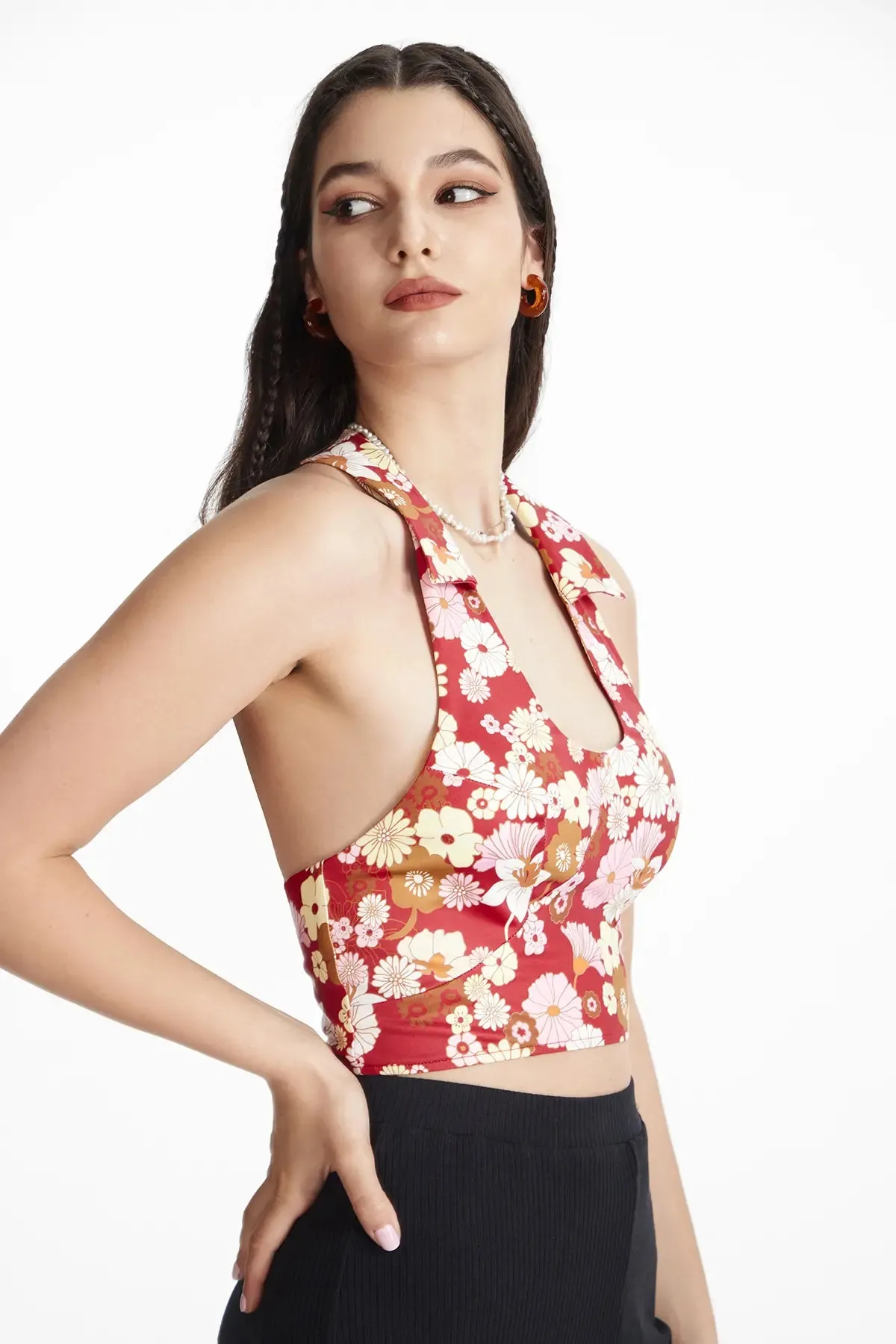 Floral Backless Zipper Back Halter Top