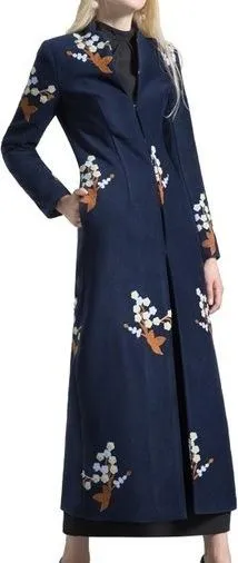 Floral-Embroidered Long Wool Coat