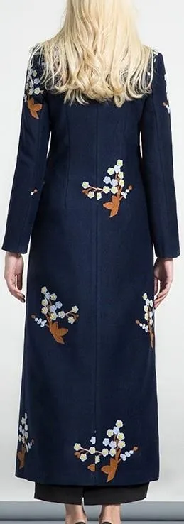 Floral-Embroidered Long Wool Coat