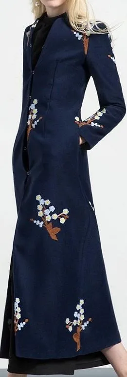 Floral-Embroidered Long Wool Coat