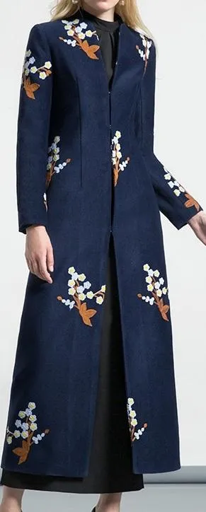 Floral-Embroidered Long Wool Coat