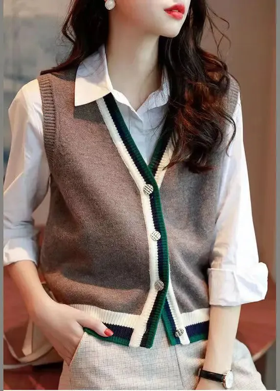 French Grey V Neck Button Patchwork Knit Vest Sleeveless ML1016