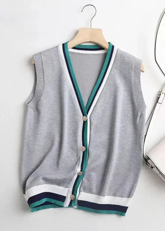 French Grey V Neck Button Patchwork Knit Vest Sleeveless ML1016