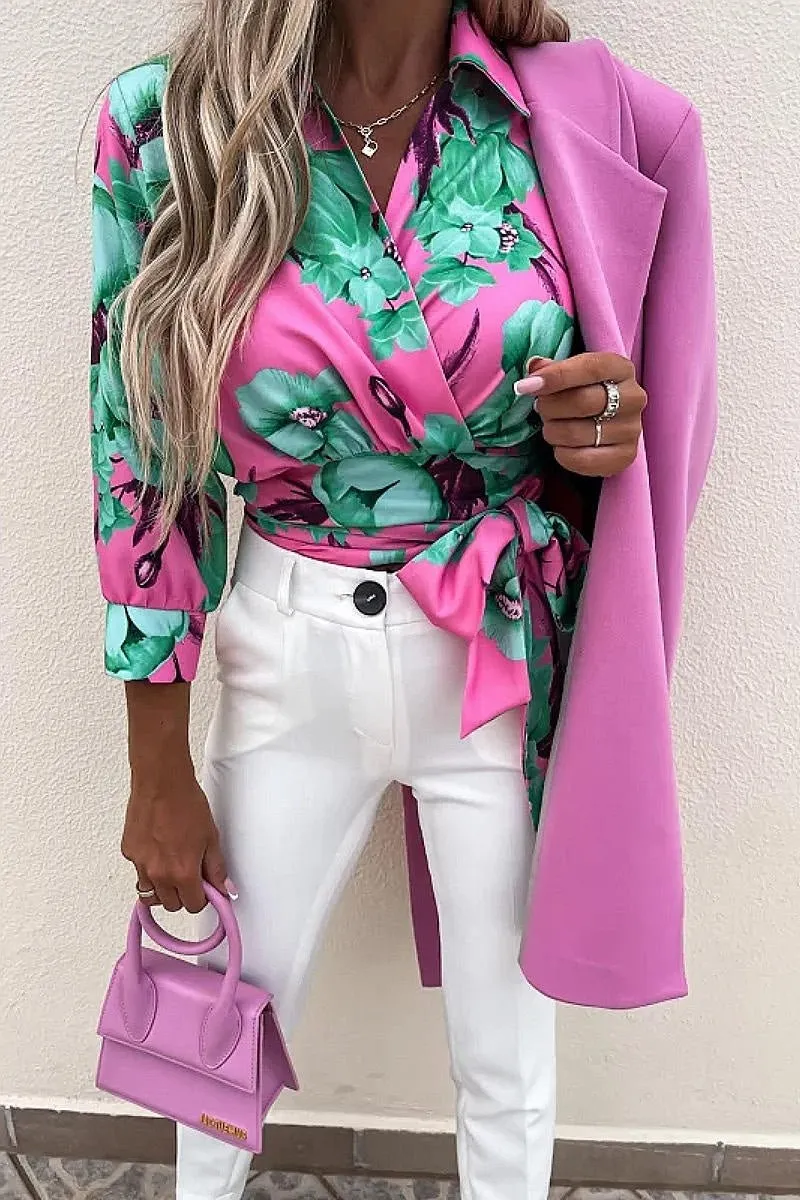 Fuchsia Floral Tie Front 3/4 Sleeve Crop Top